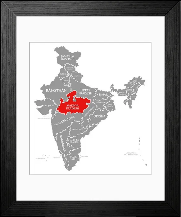 Framed Print : Madhya Pradesh red highlighted in map of India Framed Print : Madhya Pradesh red highlighted in map of India