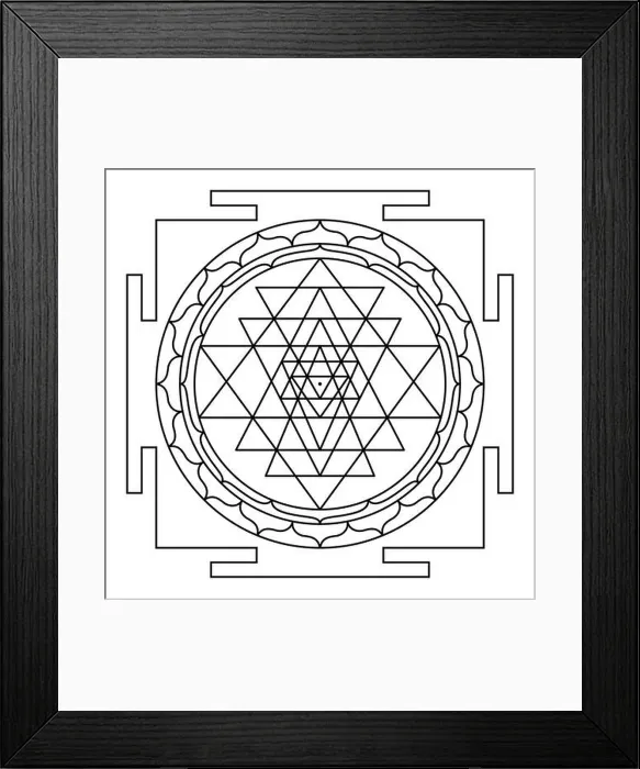 Framed Print : Sri Yantra, Shri Yantra or Shri Chakra, a mystical Hindu diagram. Nine interlocking triangles surround Bindu, a central point and the cosmic center Framed Print : Sri Yantra, Shri Yantra or Shri Chakra, a mystical Hindu diagram. Nine interlocking triangles surround Bindu, a central point and the cosmic center