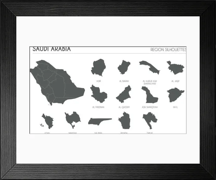 Framed Print : Saudi Arabia region silhouettes set and blank map of the country isolated on white background. Vector illustration design Framed Print : Saudi Arabia region silhouettes set and blank map of the country isolated on white background. Vector illustration design