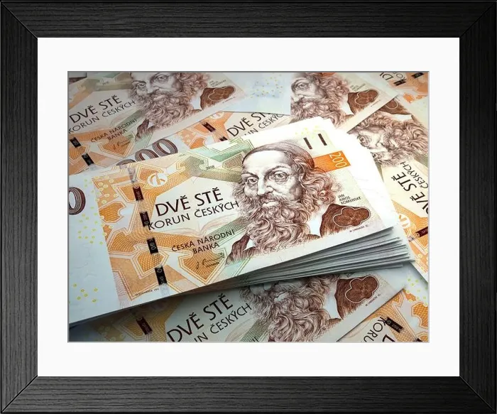 Framed Print : Money of Czech Republic. Czech koruna bills. CZK banknotes. 200 Kc. Business, finance, news background Framed Print : Money of Czech Republic. Czech koruna bills. CZK banknotes. 200 Kc. Business, finance, news background