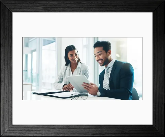 Framed Print : Tablet, meeting and partnership with business people working in an office as a team for research. Technology, planning or teamwork with a man Framed Print : Tablet, meeting and partnership with business people working in an office as a team for research. Technology, planning or teamwork with a man