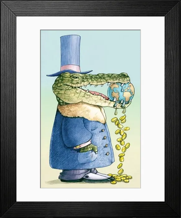 Framed Print : a crocodile-faced financier keeps the world in the throats concept of reckless and cruel finance Framed Print : a crocodile-faced financier keeps the world in the throats concept of reckless and cruel finance