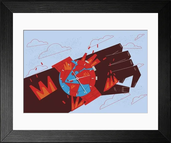 Framed Print : Climate change and global warming concept. The illustration shows a hand wearing a watch in flames which warning us that climate challenge is a matter Framed Print : Climate change and global warming concept. The illustration shows a hand wearing a watch in flames which warning us that climate challenge is a matter