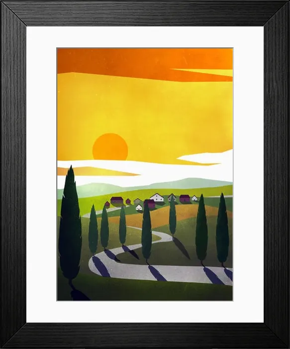 Framed Print : Sun setting over idyllic rural community Framed Print : Sun setting over idyllic rural community