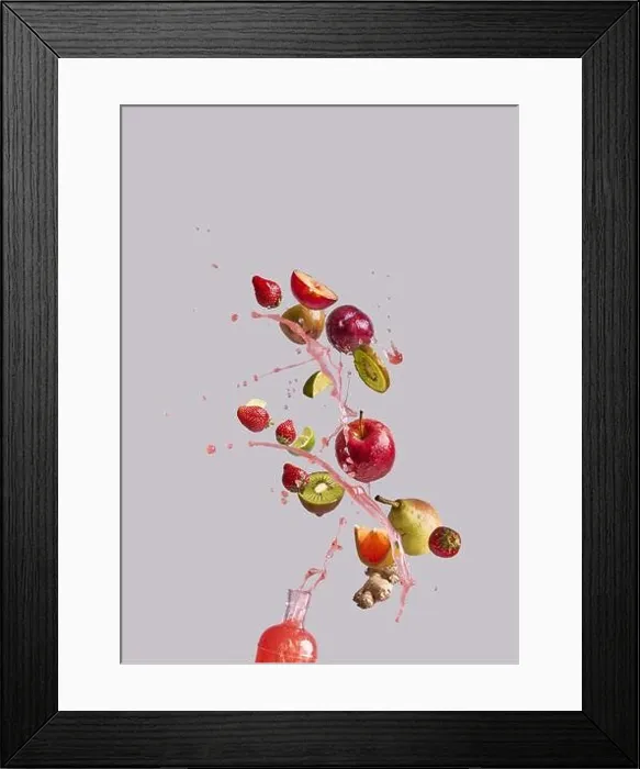 Framed Print : Bunch of various fresh fruits and ginger falling into glass bottle with healthy juice against gray background Framed Print : Bunch of various fresh fruits and ginger falling into glass bottle with healthy juice against gray background
