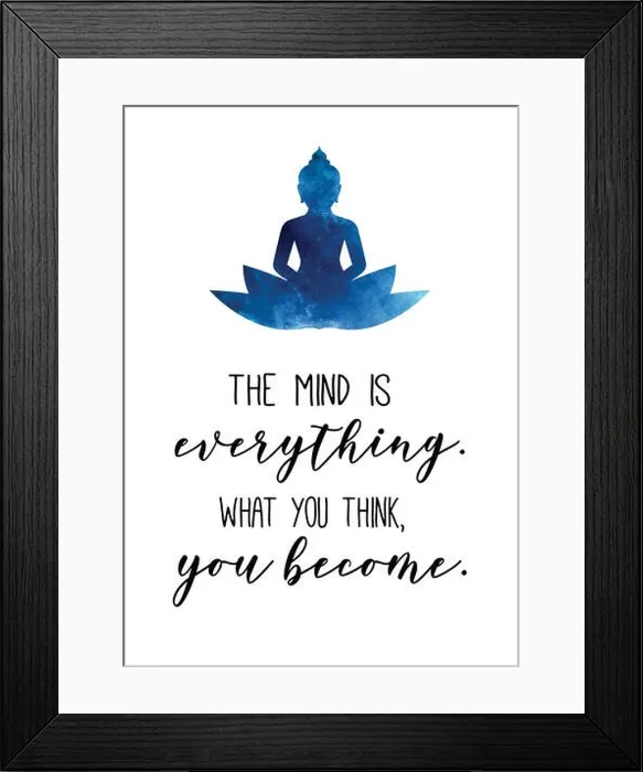 Framed Print : The mind is everything. what you think, you become. Buddha quote with buddha illustration in blue watercolor Framed Print : The mind is everything. what you think, you become. Buddha quote with buddha illustration in blue watercolor