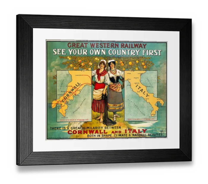 Framed Print : See Your Own Country First 1907 GWR poster for holidays in Cornwall cleverly juxtaposes the county with Italy