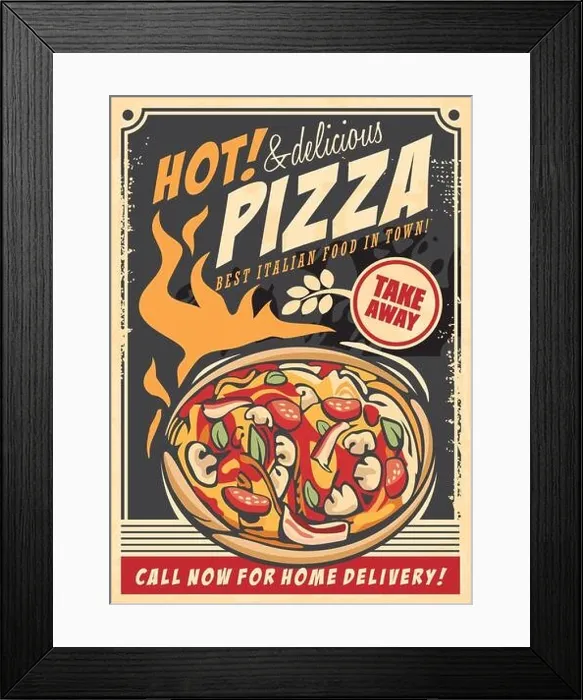 Framed Print : Hot pizza delicious Italian food retro ad template. Poster design with tasty pizza and various ingredients on fire. Vintage vector pizzeria sign on ol Framed Print : Hot pizza delicious Italian food retro ad template. Poster design with tasty pizza and various ingredients on fire. Vintage vector pizzeria sign on ol