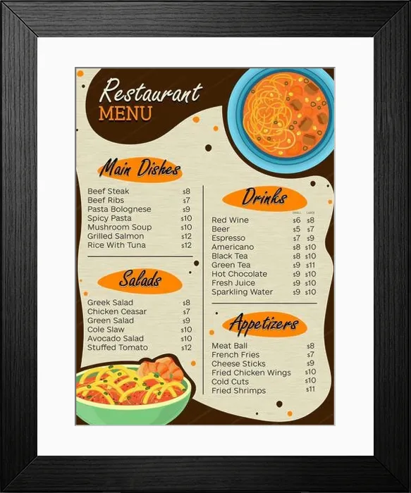 Framed Print : restaurant menu with main dishes, salads, drinkss and appetizers Framed Print : restaurant menu with main dishes, salads, drinkss and appetizers