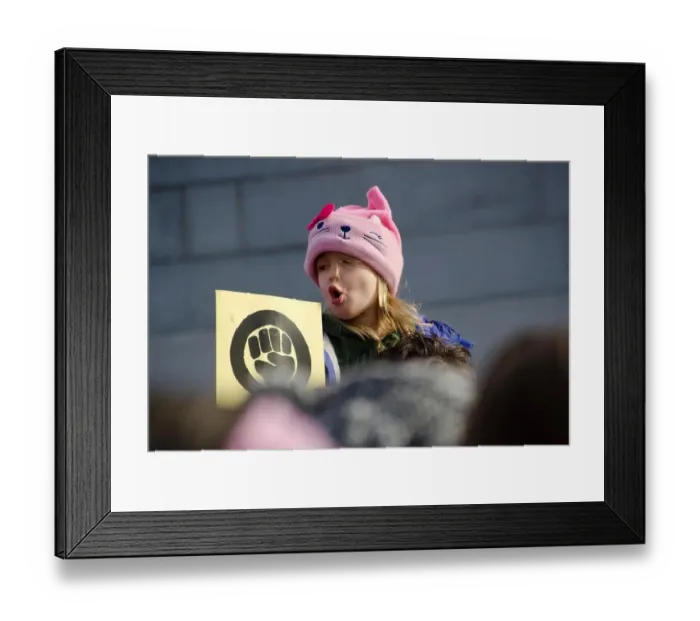 Framed Print : Young girl in pink pussy hat with signs of womens power, women's march on Washington, Augusta Maine, USA Framed Print : Young girl in pink pussy hat with signs of womens power, women's march on Washington, Augusta Maine, USA
