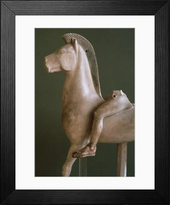 Framed Print : Ancient Greece. Sculpture of a horse with rider. Detail. 510 BC. Marble. Acropolis Museum. Athens. Greece