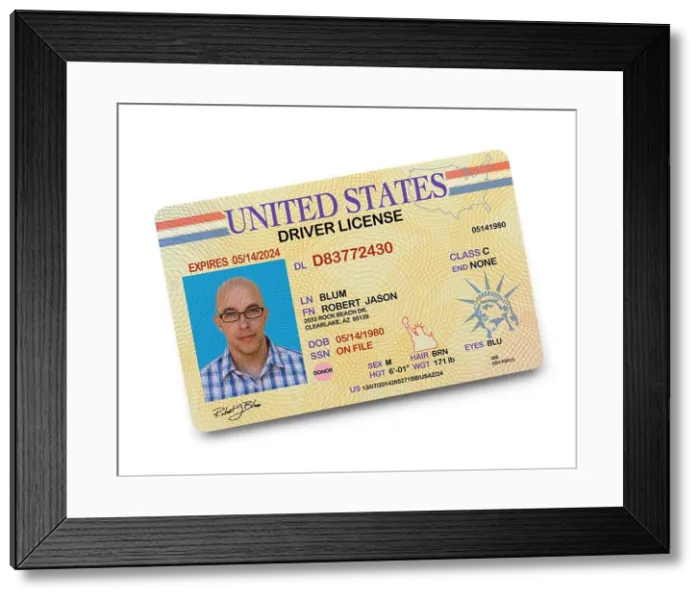 Framed Print : US Driver License Isolated on White Background Framed Print : US Driver License Isolated on White Background