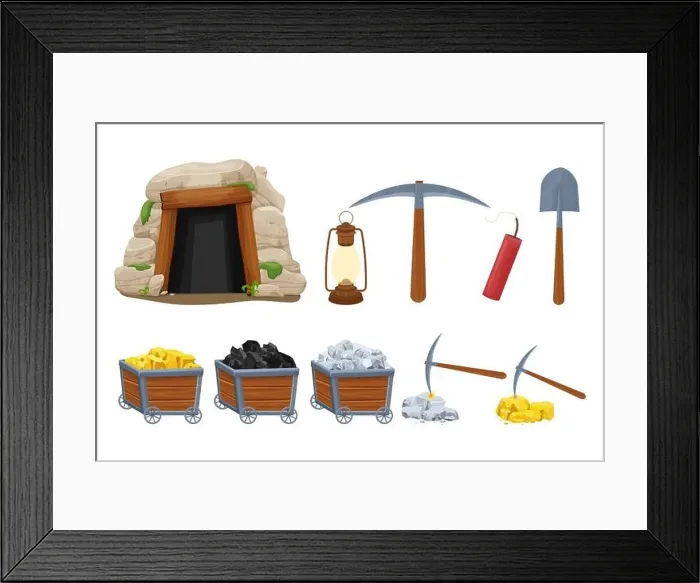 Framed Print : Set mine tools, equipment in cartoon style isolated on white background. Wooden cart with gold, silver, coal ore, tunnel entrance, retro lamp, pickaxe Framed Print : Set mine tools, equipment in cartoon style isolated on white background. Wooden cart with gold, silver, coal ore, tunnel entrance, retro lamp, pickaxe