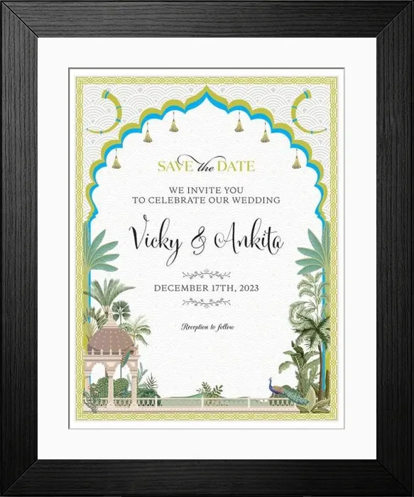 Framed Print : Traditional Mughal Wedding Card Design. Oriental frame with tropical tree Invitation card for printing vector illustration Framed Print : Traditional Mughal Wedding Card Design. Oriental frame with tropical tree Invitation card for printing vector illustration
