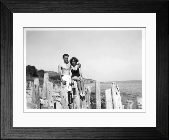 Framed Print : Archive Photo: Holiday snap of couple on beach in swimming costume (Castlehaven Isle of Wight - 1948) Framed Print : Archive Photo: Holiday snap of couple on beach in swimming costume (Castlehaven Isle of Wight - 1948)