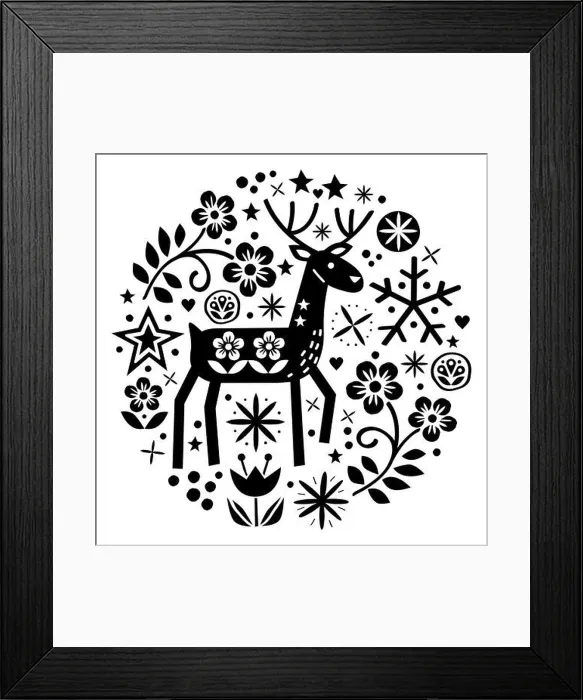 Framed Print : Christmas vector round design with reindeer, flowers, cute Scandinavian folk art pattern in black on white background - Merry Christmas decoration Framed Print : Christmas vector round design with reindeer, flowers, cute Scandinavian folk art pattern in black on white background - Merry Christmas decoration