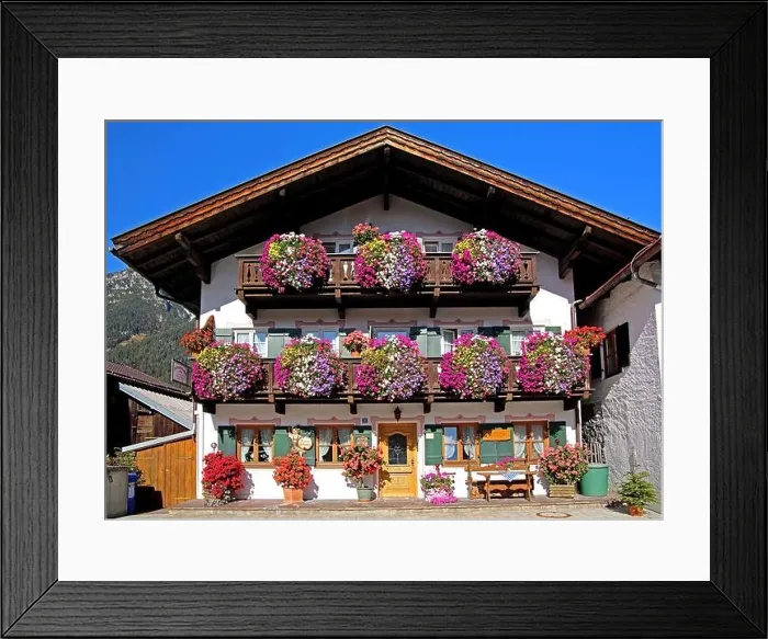 Framed Print : Traditional Upper Bavarian house with flower balconies, Garmisch-Partenkirchen, Werdenfelser Land, Upper Bavaria, Bavaria, Germany Framed Print : Traditional Upper Bavarian house with flower balconies, Garmisch-Partenkirchen, Werdenfelser Land, Upper Bavaria, Bavaria, Germany
