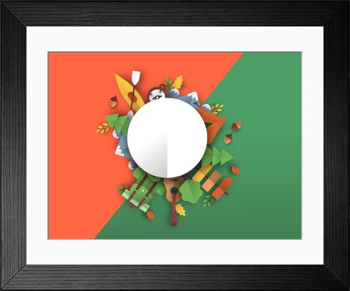 Framed Print : Eco tourism background template with outdoor travel icons in 3D papercut craft style. Colorful camping adventure or summer camp vacation concept. Empt Framed Print : Eco tourism background template with outdoor travel icons in 3D papercut craft style. Colorful camping adventure or summer camp vacation concept. Empt