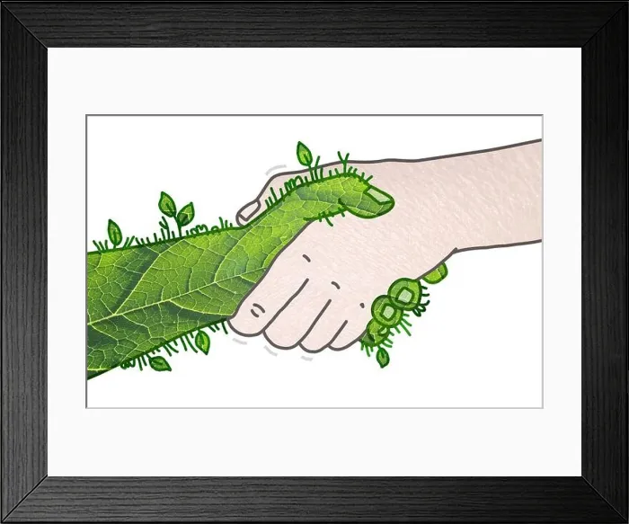 Framed Print : Hand drawn Human and green Nature shaking Hands - collage Framed Print : Hand drawn Human and green Nature shaking Hands - collage