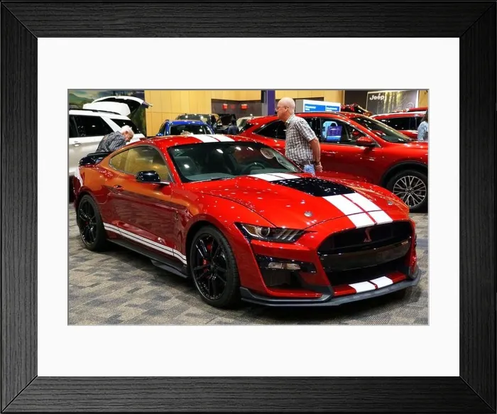 Framed Print : Wilmington, Delaware, U.S.A - October 6, 2019 - The 2020 Ford Mustang Cobra sports car in the bright red color with white stripes Framed Print : Wilmington, Delaware, U.S.A - October 6, 2019 - The 2020 Ford Mustang Cobra sports car in the bright red color with white stripes