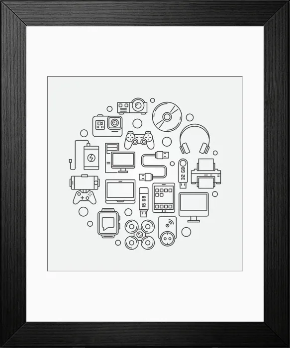 Framed Print : Gadgets and devices round illustration. Vector linear symbol in circular shape made with icons of modern electronic devices Framed Print : Gadgets and devices round illustration. Vector linear symbol in circular shape made with icons of modern electronic devices