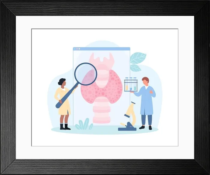 Framed Print : Diagnosis of thyroid disease vector illustration. Cartoon tiny doctors with magnifying glass Framed Print : Diagnosis of thyroid disease vector illustration. Cartoon tiny doctors with magnifying glass