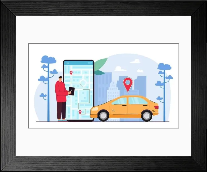 Framed Print : Man track taxi driver cab on tablet map Framed Print : Man track taxi driver cab on tablet map