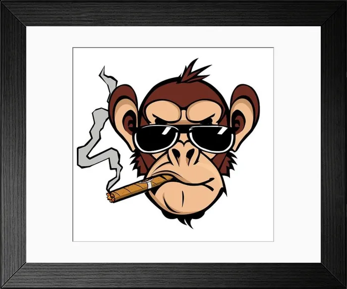Framed Print : Funny chimpanzee smoking a cigar with sunglasses - vector illustration (Ideal for printing on fabric or paper, poster or wallpaper, house decoration) Framed Print : Funny chimpanzee smoking a cigar with sunglasses - vector illustration (Ideal for printing on fabric or paper, poster or wallpaper, house decoration)