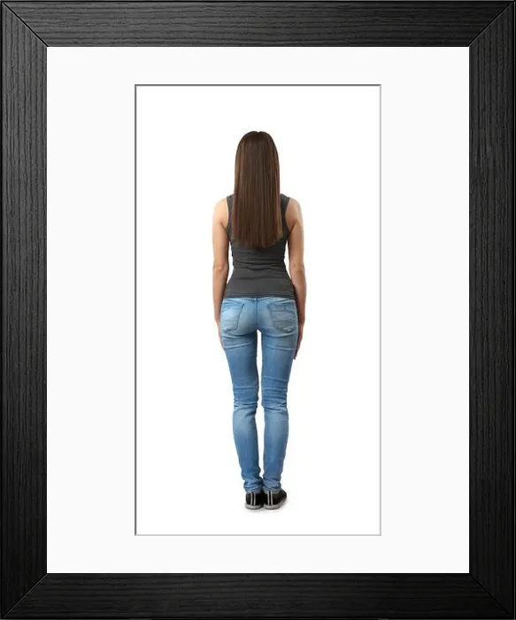Framed Print : Back view of woman in gray sleeveless top and blue jeans standing with arms at sides isolated on white background Framed Print : Back view of woman in gray sleeveless top and blue jeans standing with arms at sides isolated on white background