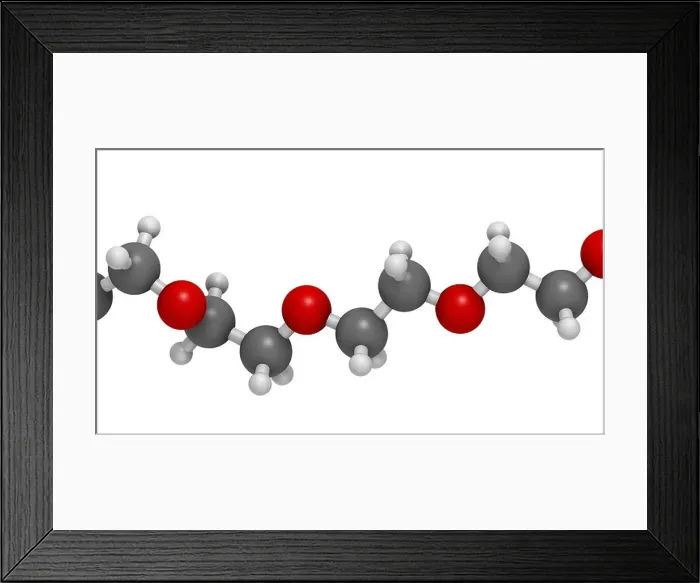 Framed Print : Polyethylene glycol 10.000 (PEG, polyethylene oxide, PEO) molecule, chemical structure - linear fragment (detail) Framed Print : Polyethylene glycol 10.000 (PEG, polyethylene oxide, PEO) molecule, chemical structure - linear fragment (detail)