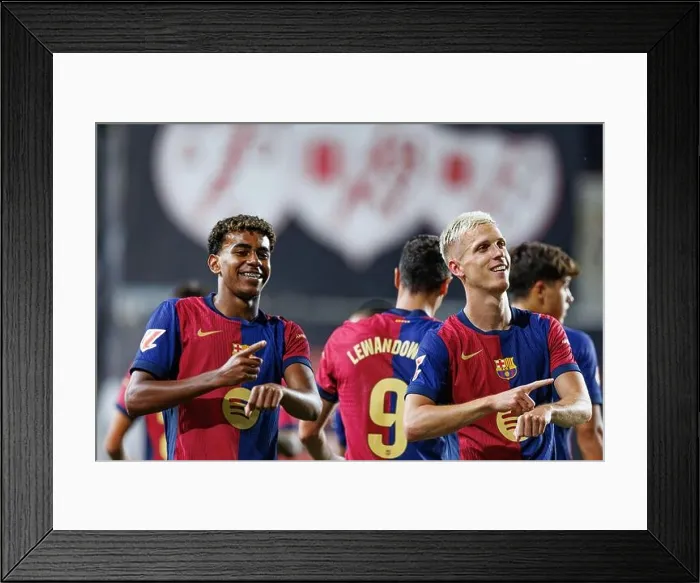 Framed Print : Lamine Yamal, Dani Olmo seen celebrating after scoring goal during LaLiga EA SPORTS game between teams of Rayo Vallecano and FC Barcelona at Estadio Framed Print : Lamine Yamal, Dani Olmo seen celebrating after scoring goal during LaLiga EA SPORTS game between teams of Rayo Vallecano and FC Barcelona at Estadio
