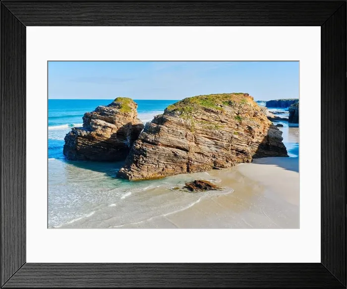 Framed Print : Above view to the empty Praia das Catedrais or Beach of Cathedrals located on northwest coast of Spain. It has been declared Natural Monument. Travel Framed Print : Above view to the empty Praia das Catedrais or Beach of Cathedrals located on northwest coast of Spain. It has been declared Natural Monument. Travel