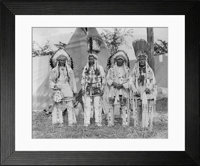 Framed Print : Four Native American Chiefs in Traditional Clothing and Feathered Bonnet Framed Print : Four Native American Chiefs in Traditional Clothing and Feathered Bonnet