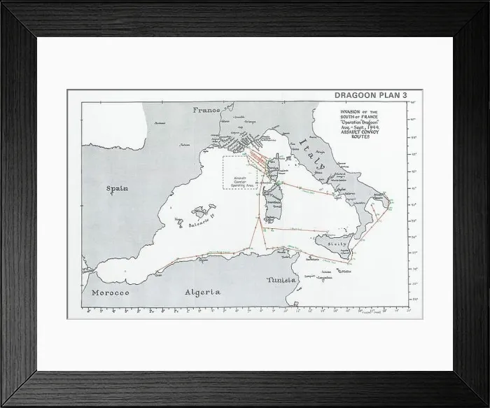 Framed Print : South of France invasion. Operation Dragoon 1944 Assault Convoy Routes 1994 map Framed Print : South of France invasion. Operation Dragoon 1944 Assault Convoy Routes 1994 map