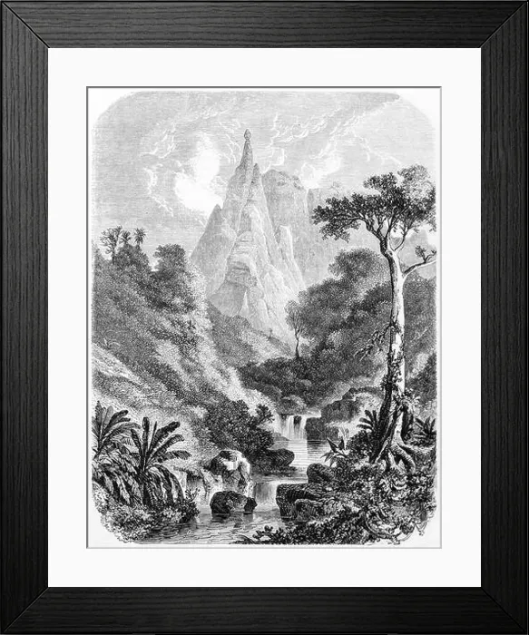 Framed Print : pointed mountain Peter Booth far in the distance behind luxuriant landscape with torrent vertical arranged, Mauritius. Art by Bérard, 1861 Framed Print : pointed mountain Peter Booth far in the distance behind luxuriant landscape with torrent vertical arranged, Mauritius. Art by Bérard, 1861