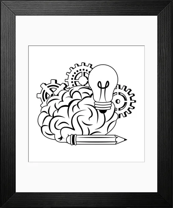 Framed Print : Human brain intelligence and creativity cartoons in black and white