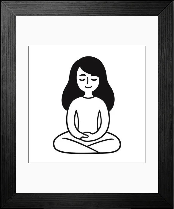 Framed Print : Young woman sitting in meditation. Cute girl doodle. Simple black and white drawing, vector illustration Framed Print : Young woman sitting in meditation. Cute girl doodle. Simple black and white drawing, vector illustration