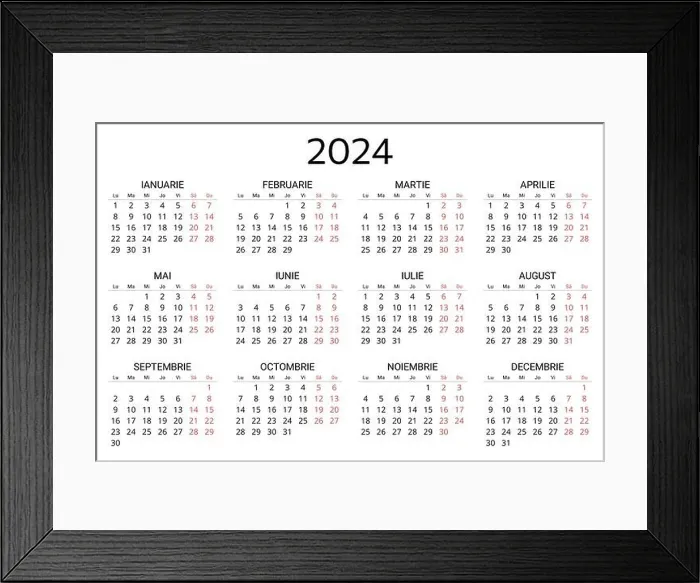 Framed Print : 2024 romanian calendar. Printable, editable vector illustration for Romania and Moldova. 12 months year calendars. Landscape Framed Print : 2024 romanian calendar. Printable, editable vector illustration for Romania and Moldova. 12 months year calendars. Landscape
