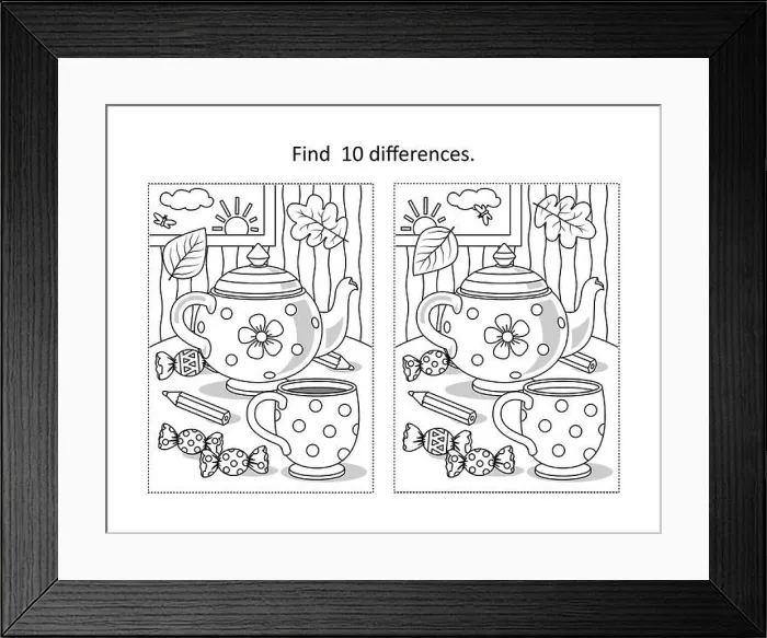 Framed Print : Find 10 differences visual puzzle and coloring page with cup, teapot, candy Framed Print : Find 10 differences visual puzzle and coloring page with cup, teapot, candy