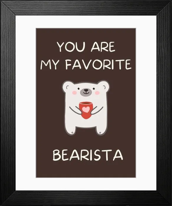 Framed Print : Barista day greeting card with cute polar bear holding cup of coffee. Happy bearista day. Favorite coffee shop worker Framed Print : Barista day greeting card with cute polar bear holding cup of coffee. Happy bearista day. Favorite coffee shop worker