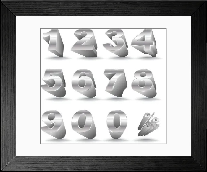 Framed Print : Three-dimensional number set 0-9 with percent off. Vector illustration of 3D font characters. Silver style numbers for promotion Framed Print : Three-dimensional number set 0-9 with percent off. Vector illustration of 3D font characters. Silver style numbers for promotion