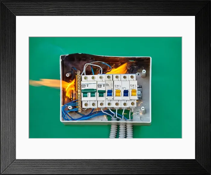 Framed Print : Electrical problems, improper electric wiring present a fire hazard. Loose wires caused fire inside electrical fuse box of home wiring Framed Print : Electrical problems, improper electric wiring present a fire hazard. Loose wires caused fire inside electrical fuse box of home wiring