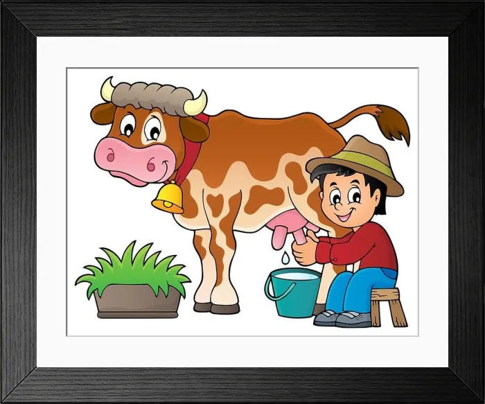 Framed Print : Farmer milking cow image 1 Framed Print : Farmer milking cow image 1