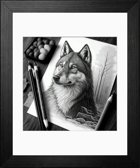 Framed Print : A high-angle shot of a wolf drawing in black and white with a pen on white paper Framed Print : A high-angle shot of a wolf drawing in black and white with a pen on white paper