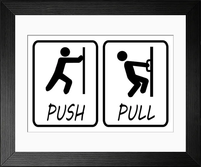 Framed Print : Pull push door sign.Open door board vector Framed Print : Pull push door sign.Open door board vector