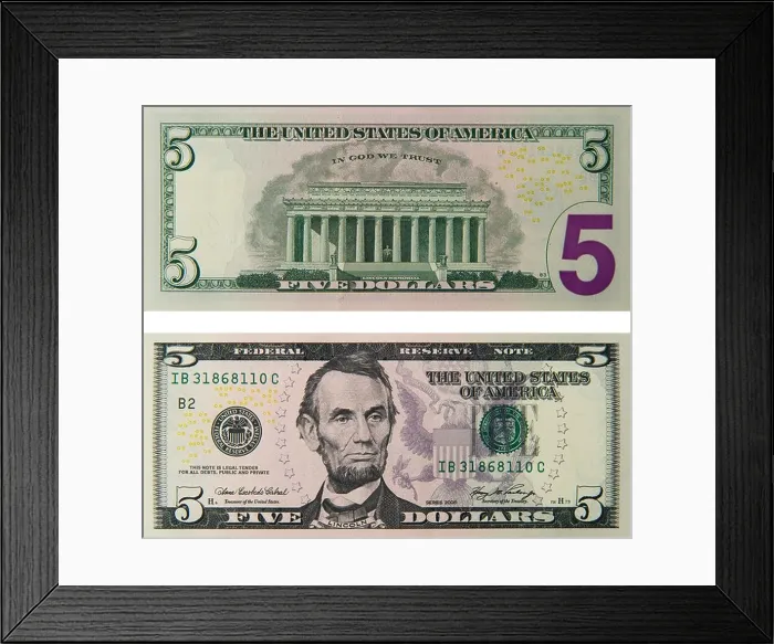 Framed Print : 5 five dollar bill note bill's note's dollars Framed Print : 5 five dollar bill note bill's note's dollars
