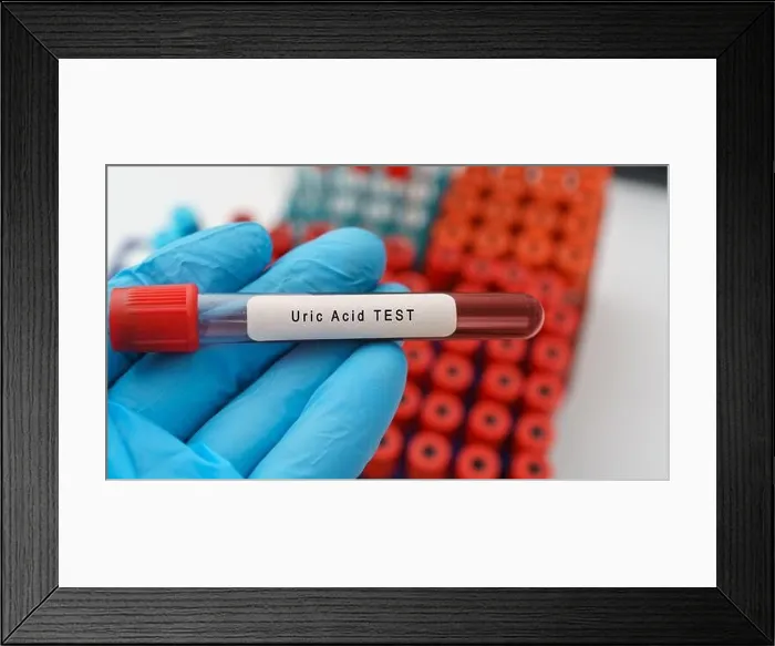 Framed Print : Uric Acid test result with blood sample in test tube on doctor hand in medical lab Framed Print : Uric Acid test result with blood sample in test tube on doctor hand in medical lab