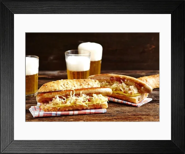 Framed Print : Hot dogs with bratwurst and sauerkraut. Uk & Irish rights only. Call office to clear additional rights Framed Print : Hot dogs with bratwurst and sauerkraut. Uk & Irish rights only. Call office to clear additional rights