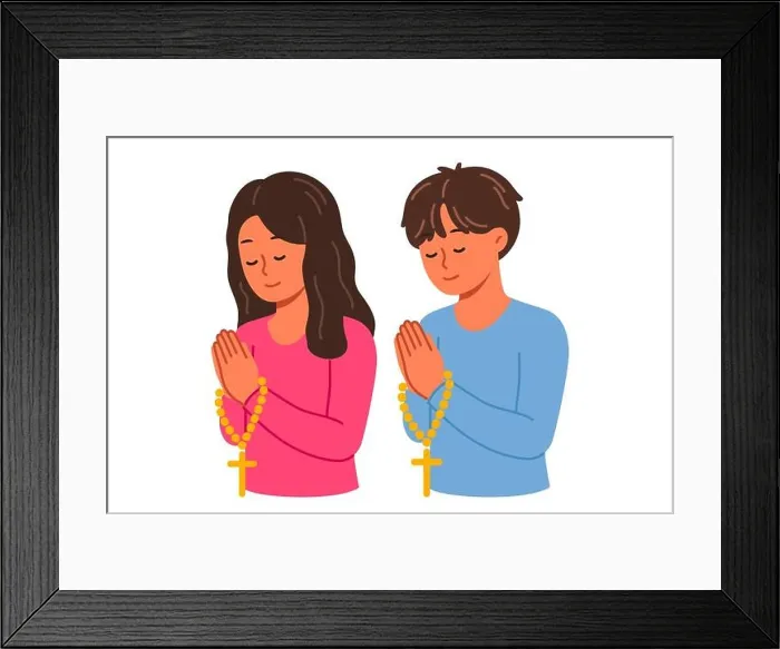 Framed Print : Christian children pray holding rosary with religious crosses and turning to god Framed Print : Christian children pray holding rosary with religious crosses and turning to god