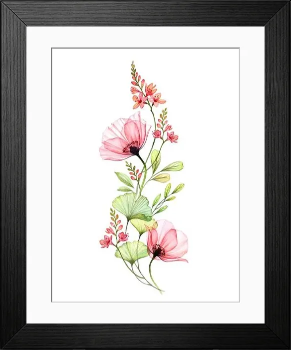 Framed Print : Watercolor floral arrangement. Vertical design element. Abstract big poppy flowers with exotic fresia isolated on white. Botanical illustration for